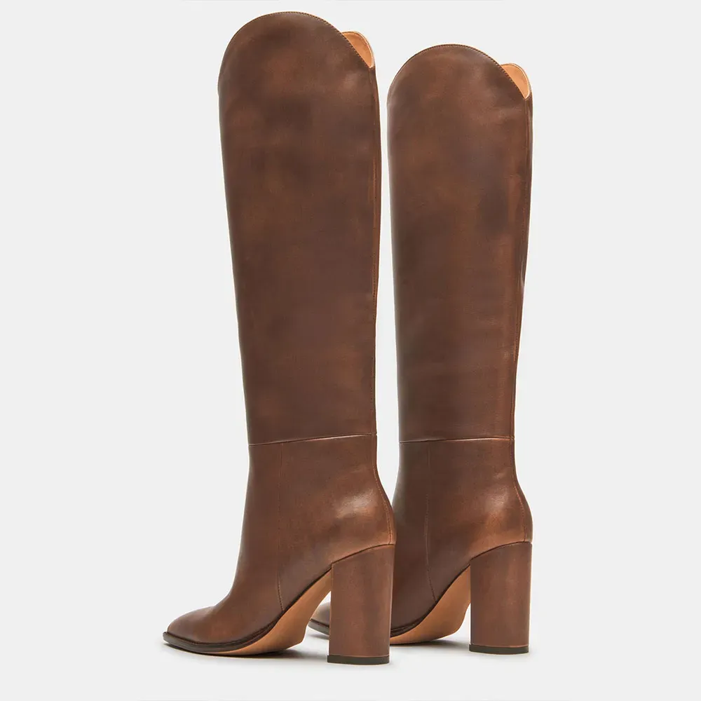Classic Faux-Leather Pointed-Toe Chunky-Heel Platform Knee-High Boots