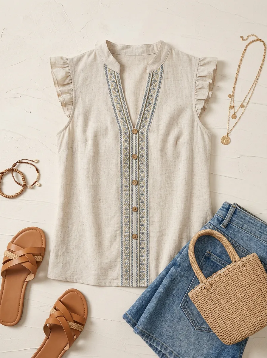 Boho Geometric Pattern Printed Ruffle Sleeveless Top