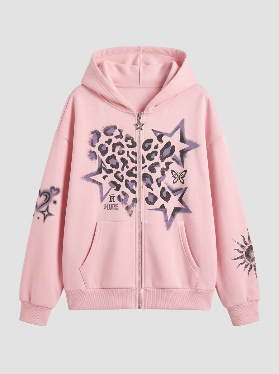 Women's Y2K Streetwear Leopard Star Butterfly Printed Zip Up Hoodie