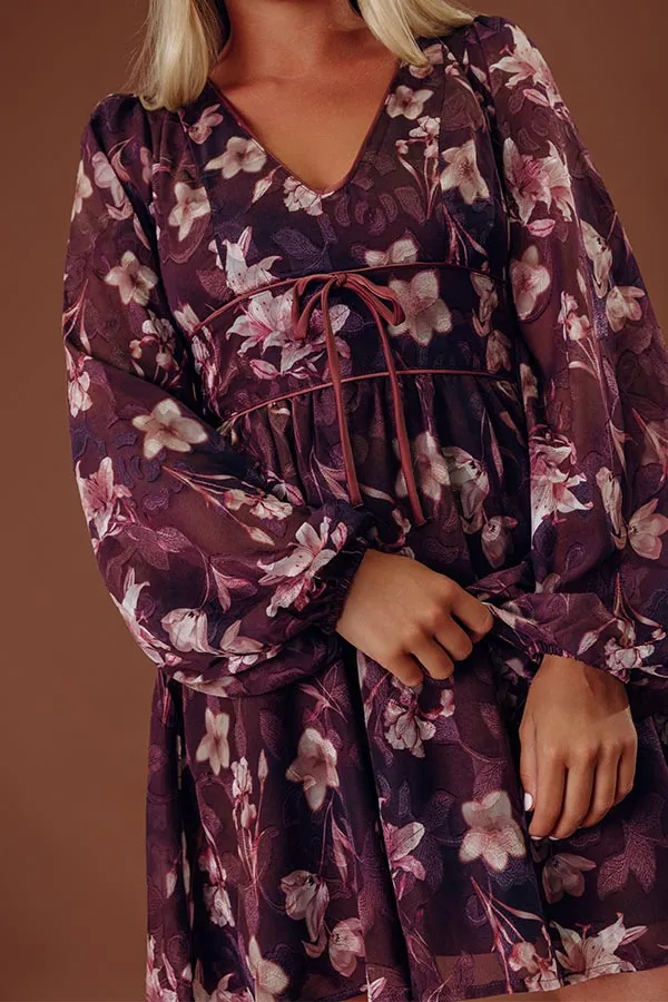 Zip-Closure Floral V-Neck Long Sleeve Smocked Mini Dress
