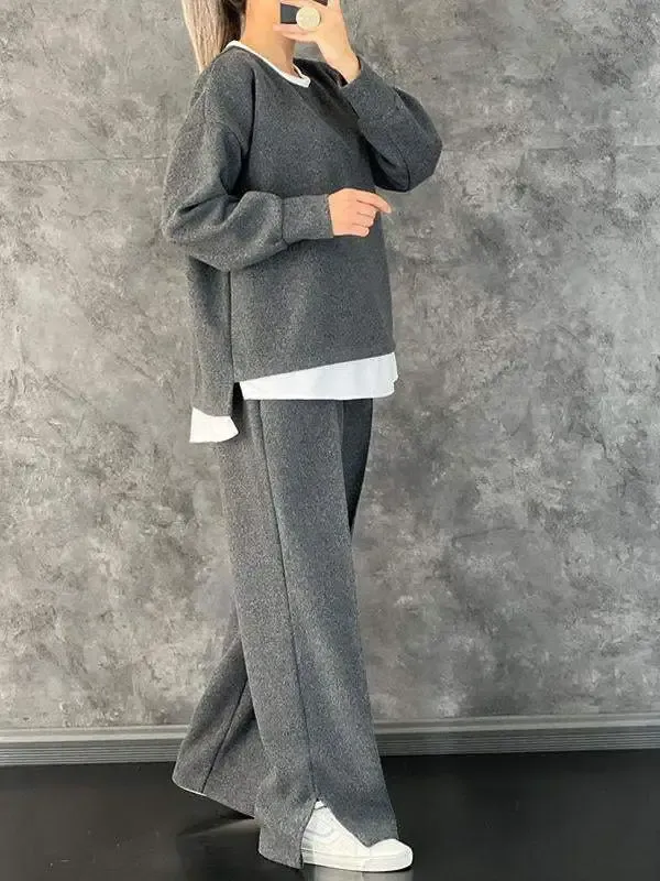 Women's Casual Round Neck Fake Two-Piece Contrast Color Suit