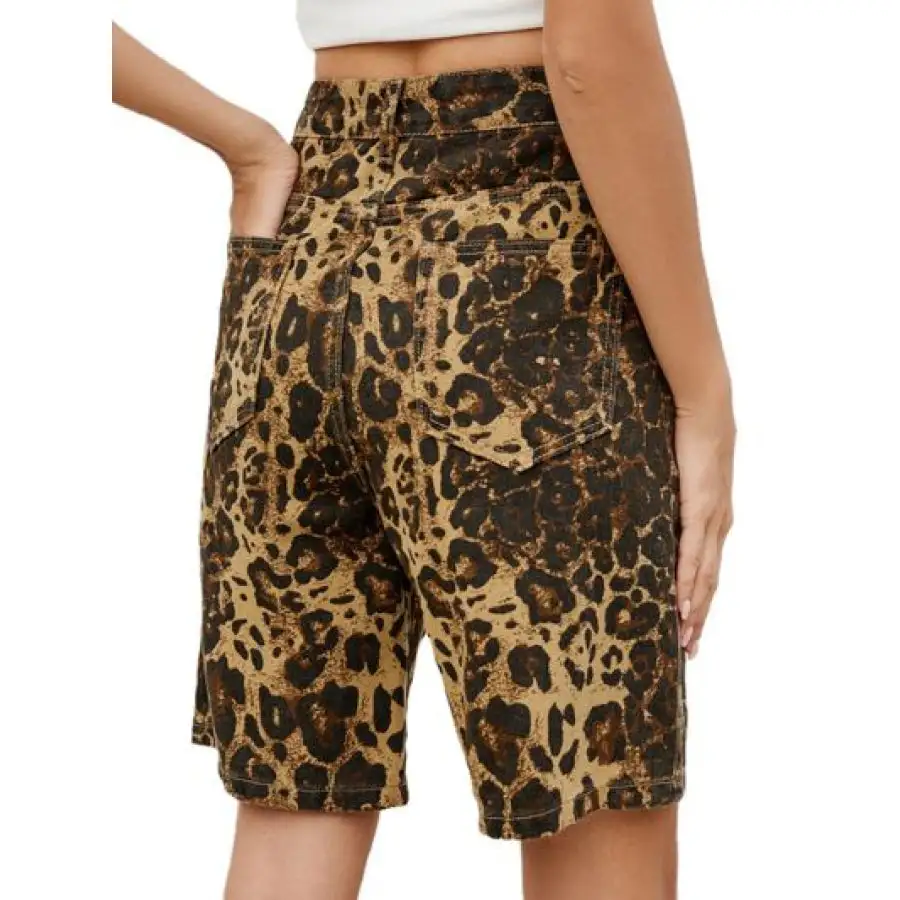 High Waist Pocketed Leopard Pattern Denim Shorts