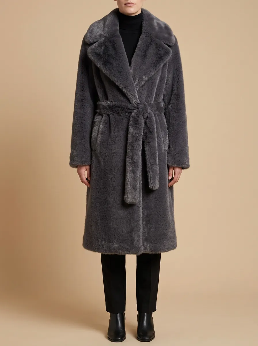 Front Pockets Solid Faux Fur Belted Coat