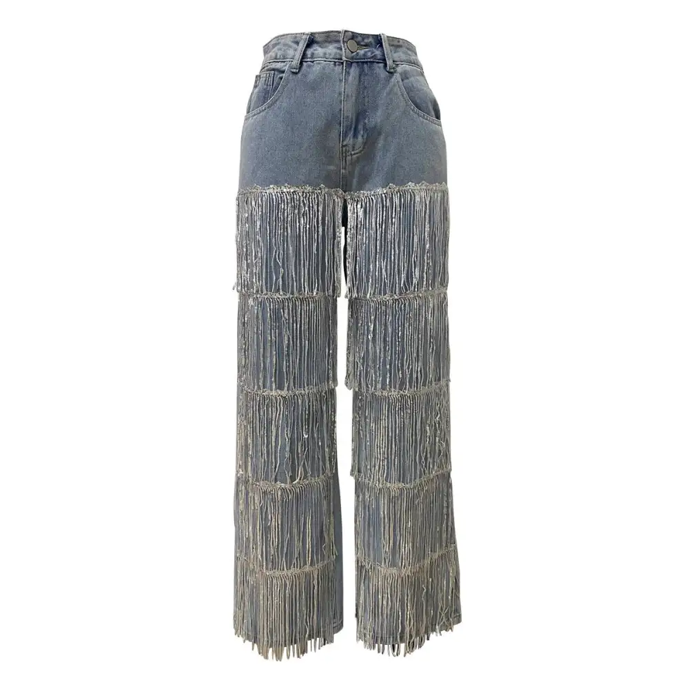 High-waist Fringe Detail Wide-leg Jeans