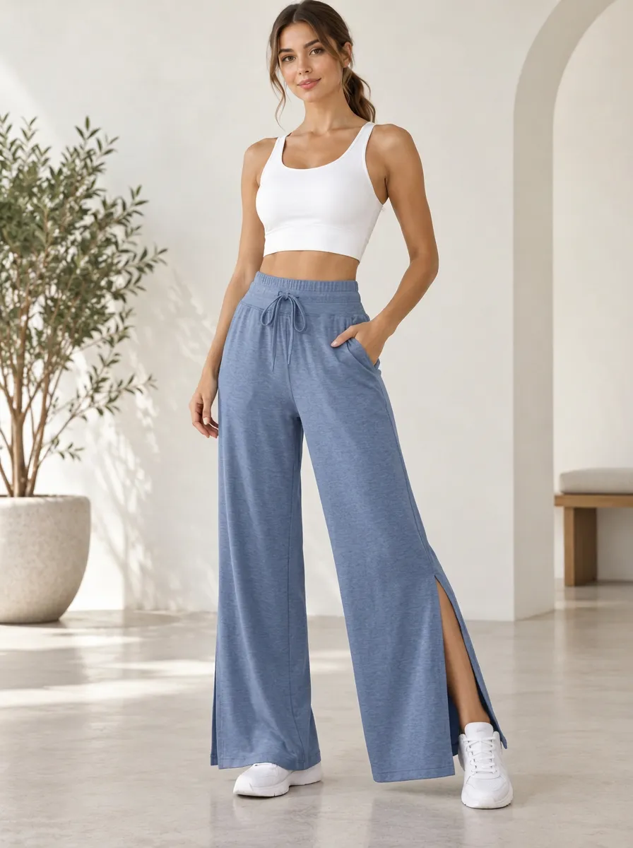 Women's Printed Casual Motion Wide Leg Split Hem Athletic Pants