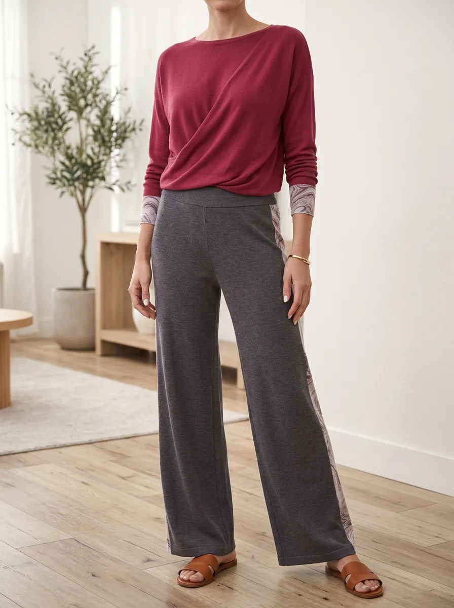 Women's Lounge Marbled Trim Patterned Long Sleeve Wide Leg Pants Set