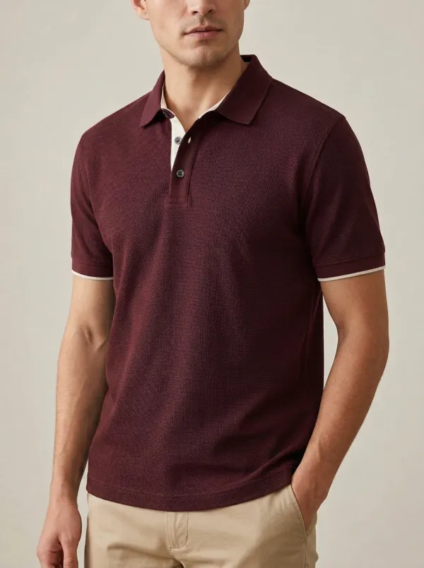 Men's Navy Blue Textured Contrast Trim Polo Shirt