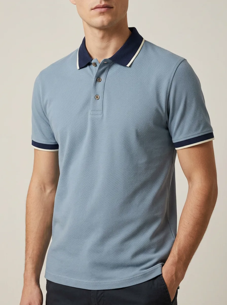 Men's Casual Blue Contrast Collar Tipped Sleeve Polo Shirt