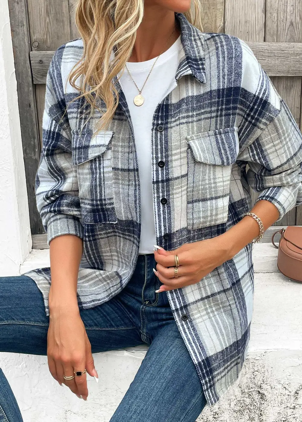 Blue Patchwork Plaid Turn Down Collar Coat