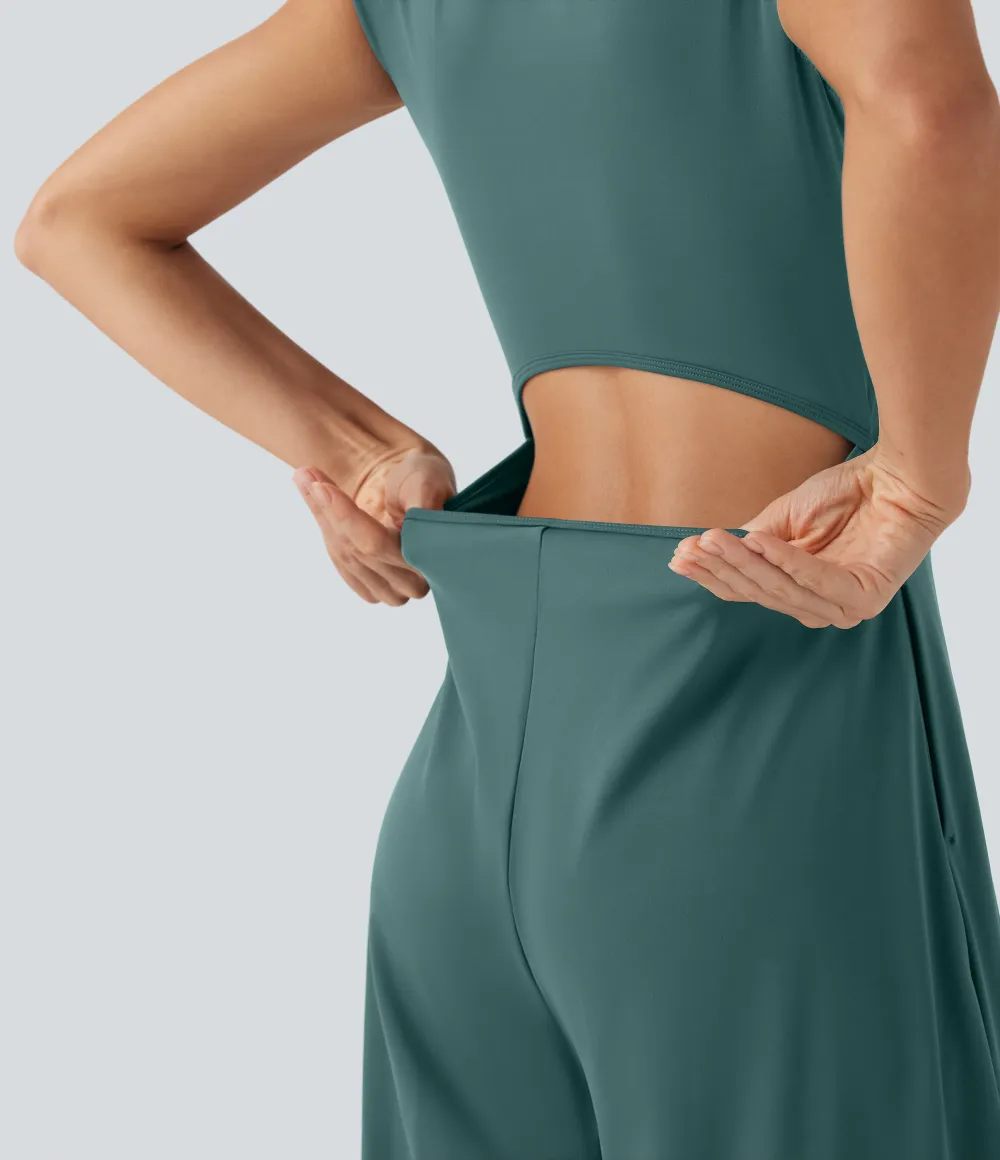 SoftlyZero Airy Short Sleeve Wide Leg Cool Touch Yoga Jumpsuit with Pockets-Easy Peezy Edition