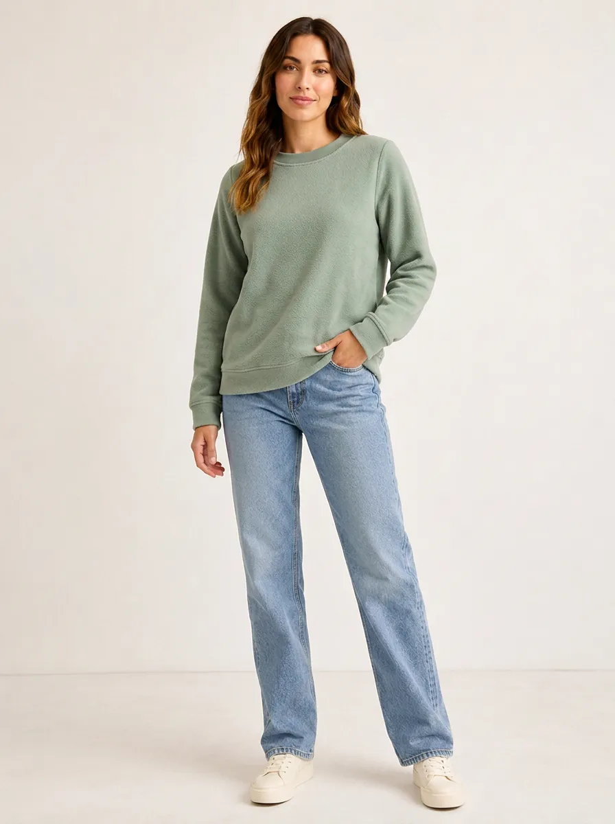 Women's Casual Minimalist Sage Green Solid Fleece Sweatshirt