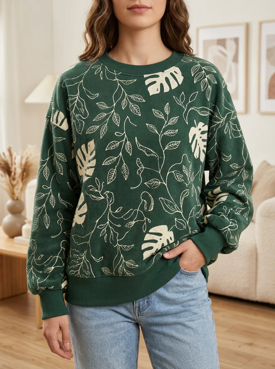 Women's Botanical Print Crewneck Sweatshirt Fleece