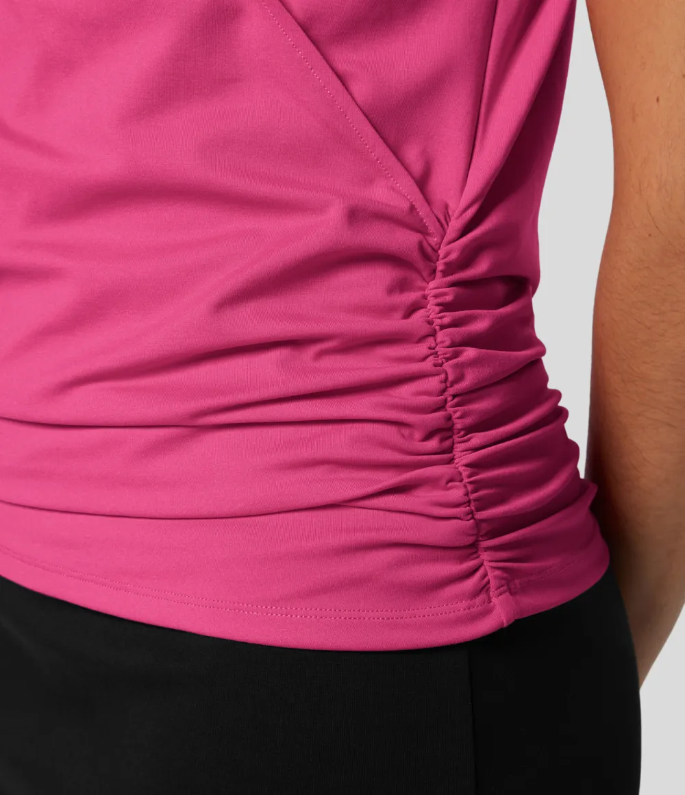 V Neck Cap Sleeve Crossover Ruched Solid Work Blouse