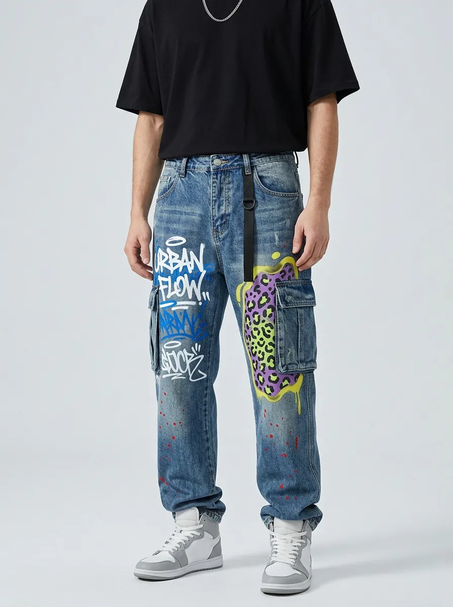 Men's Streetwear Urban Flow Graffiti Leopard Graphic Cargo Jeans