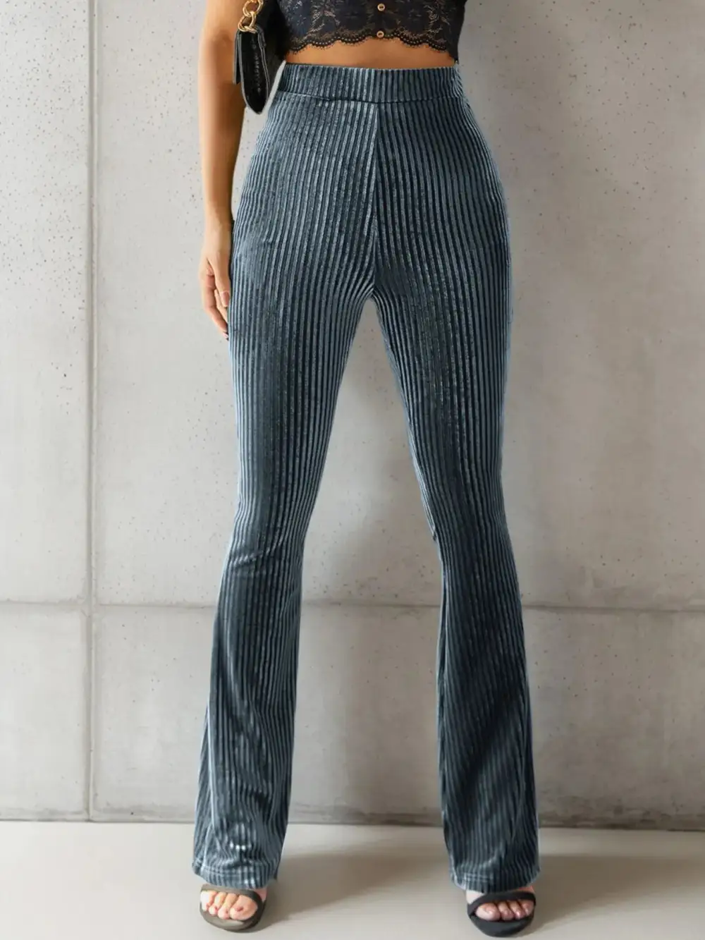 High Waist Ribbed Velvet Flare Pants