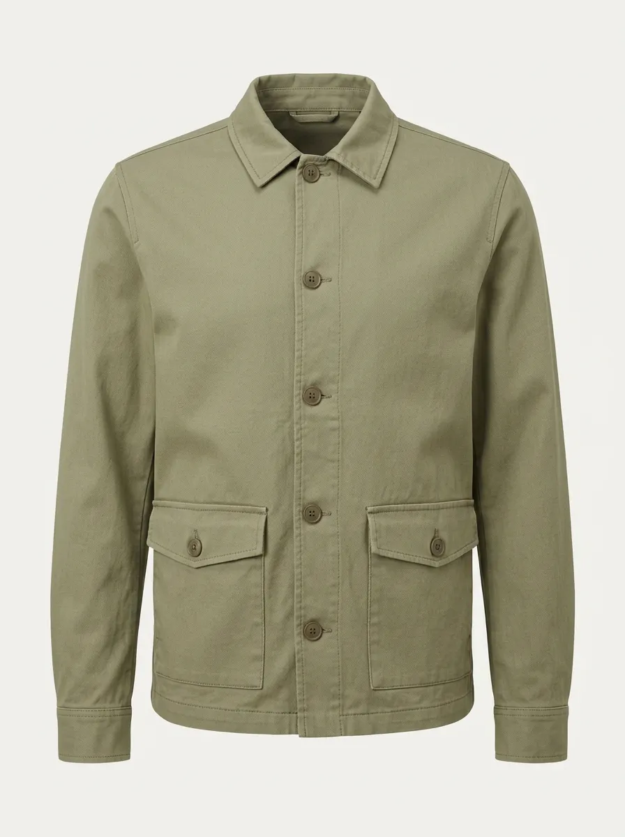Men's Casual Olive Green Utility Button-Down Overshirt Jacket