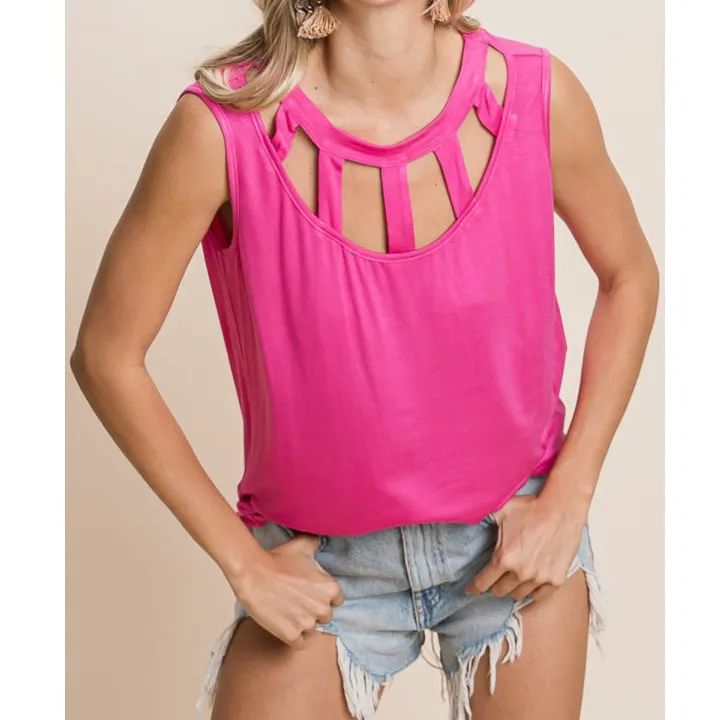 Cutout Round Neck Sleeveless Top