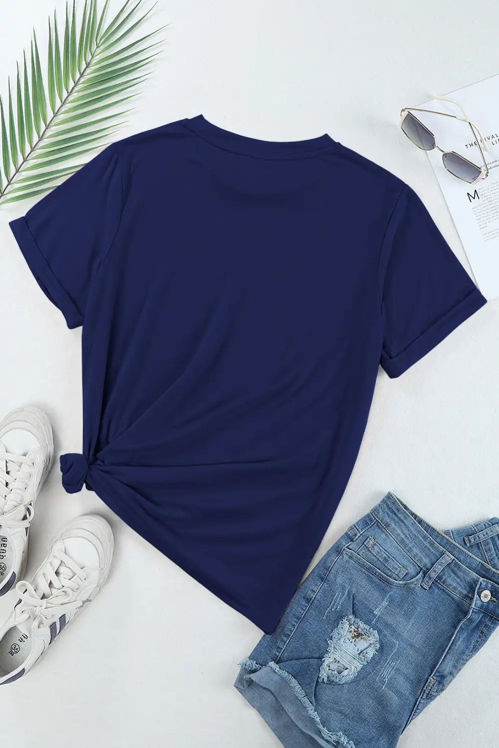 Blue Casual Plain Crew Neck