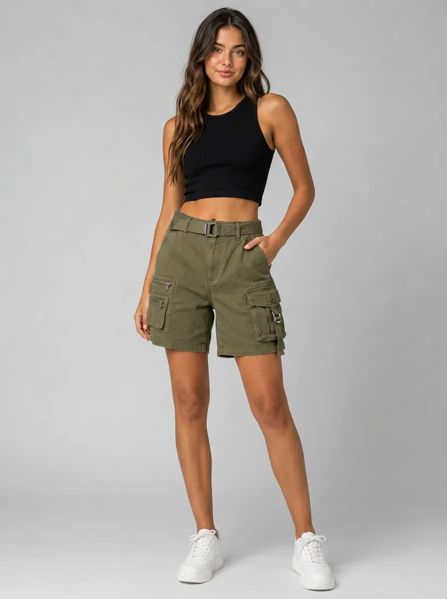 Women's Outdoor Mid-Rise Belted Multi-Pocket Cargo Shorts