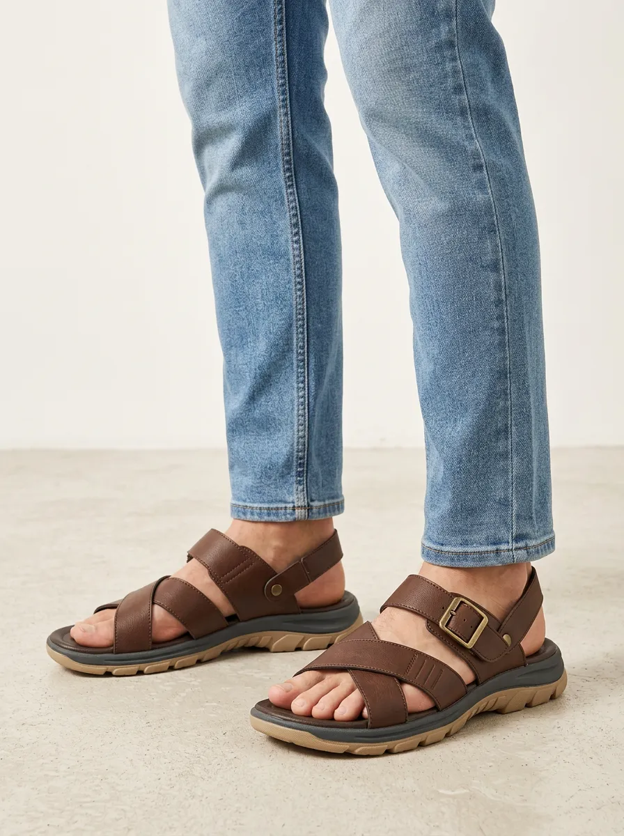 Men's Casual Brown Faux Leather Cross-Strap Buckle Sandals