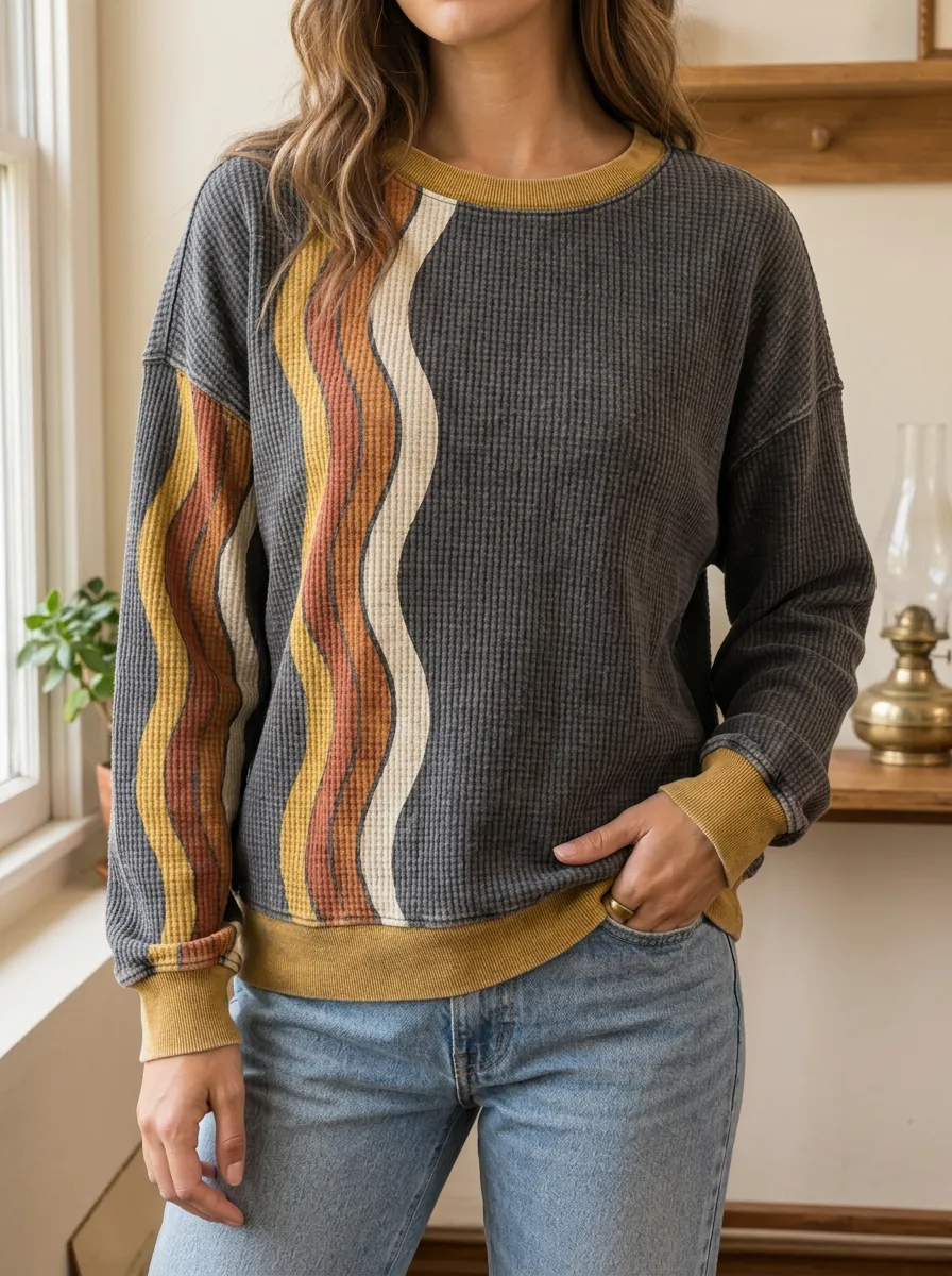 Women's Retro Wavy Stripe Waffle Knit Crewneck Sweatshirt