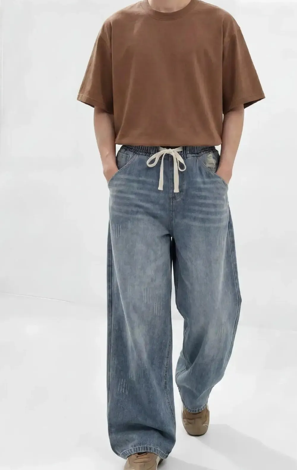 Elastic Drawstring Straight Leg Jeans