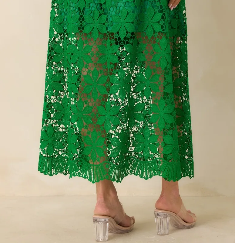 Green Floral Lace Maxi Skirt