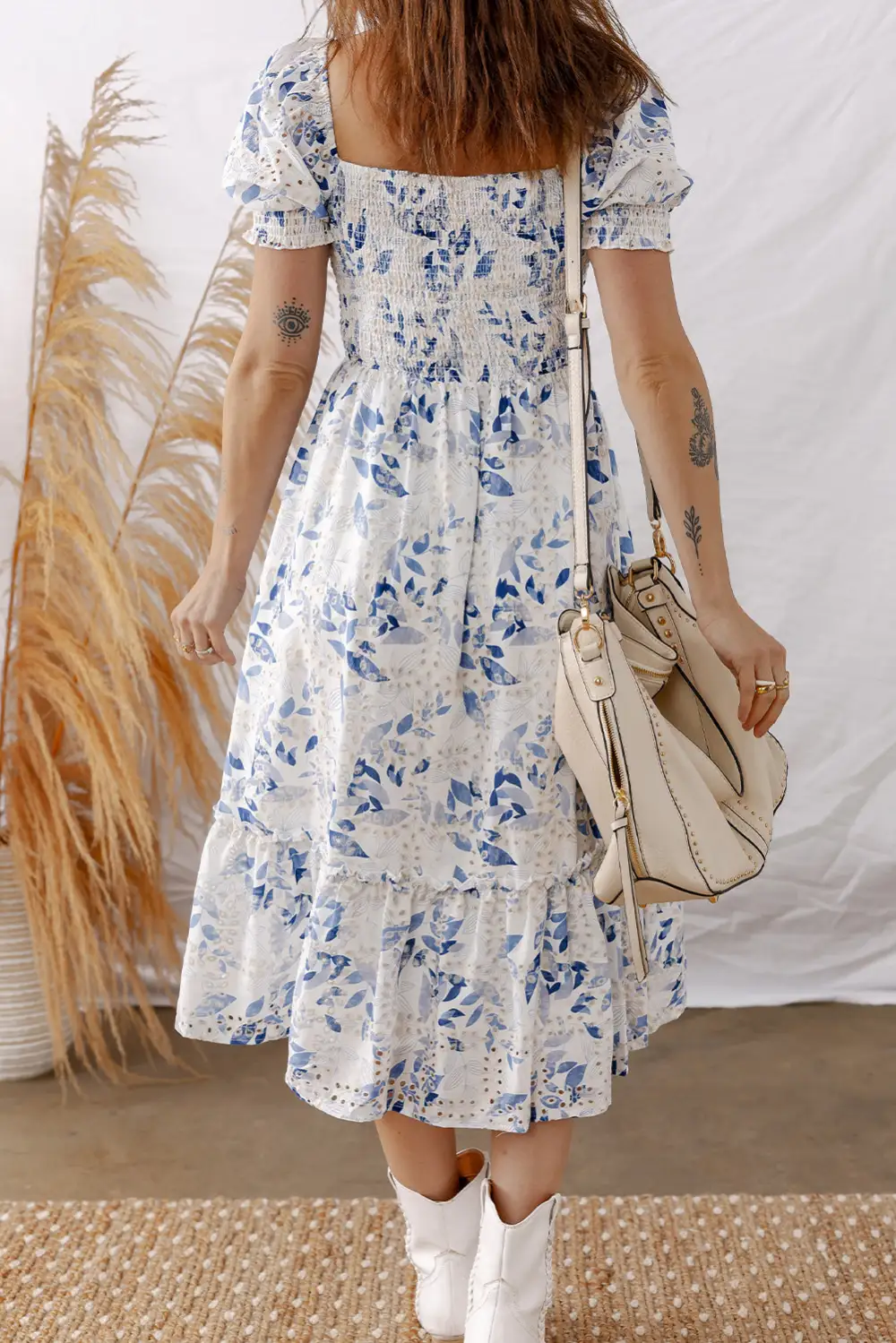 Smocked Bodice Short Puff Sleeve Tiered Midi Dress