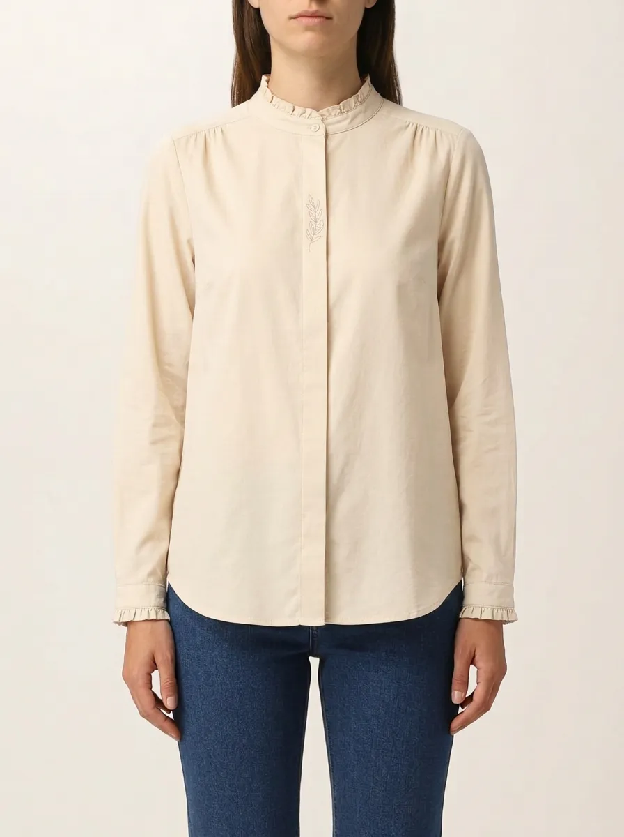 Women's Leaf-Embroidered Ruffle-Trim Mandarin Shirt