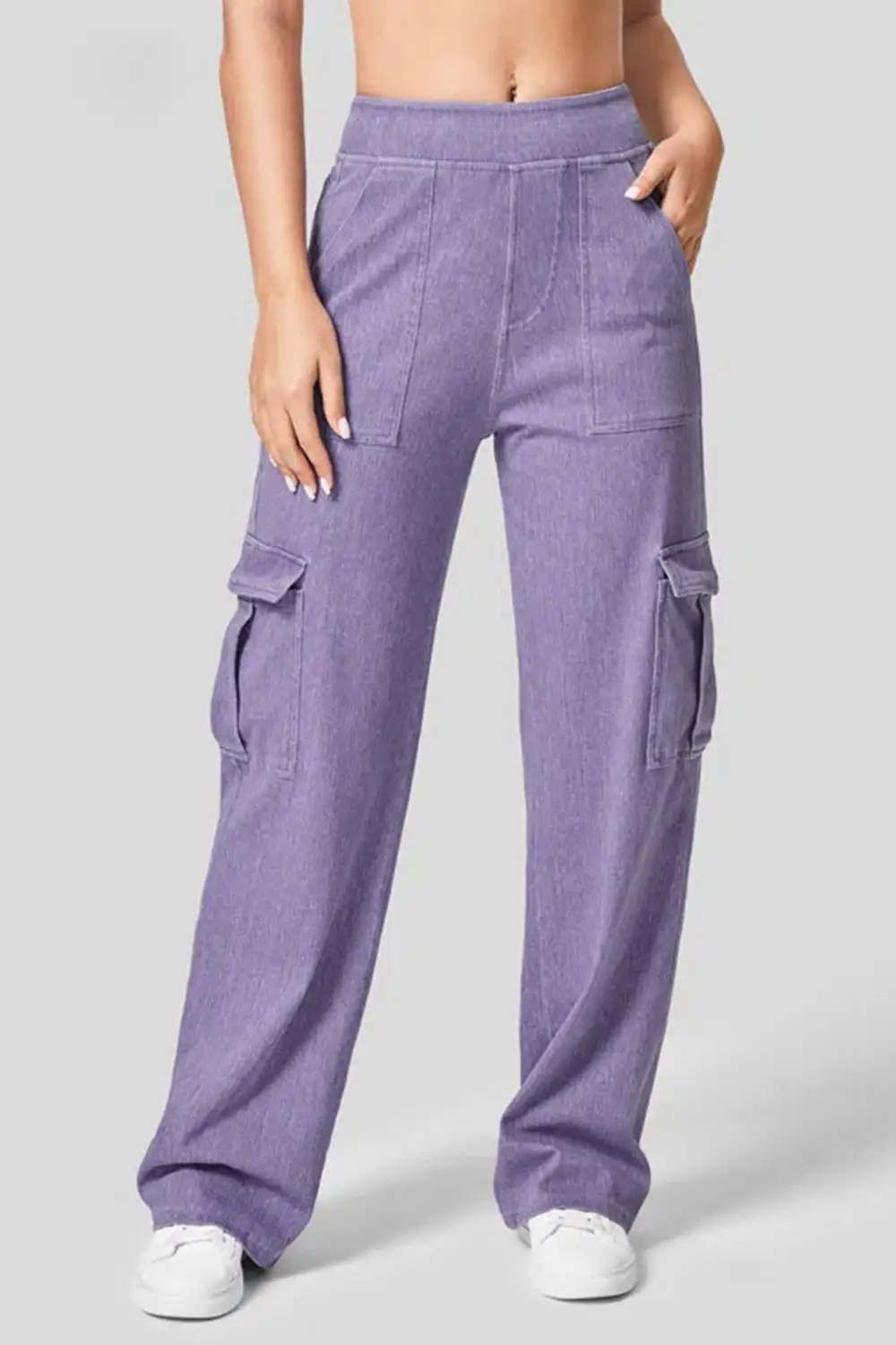 Refined High-Waist Washed Pocketed Stretch Straight Leg Jeans
