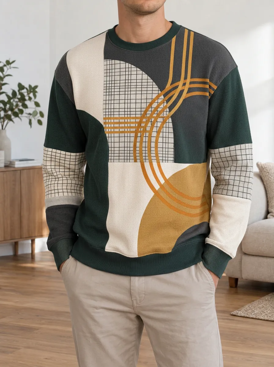 Men's Multi-Color Geometric Waffle Knit Crewneck Sweatshirt