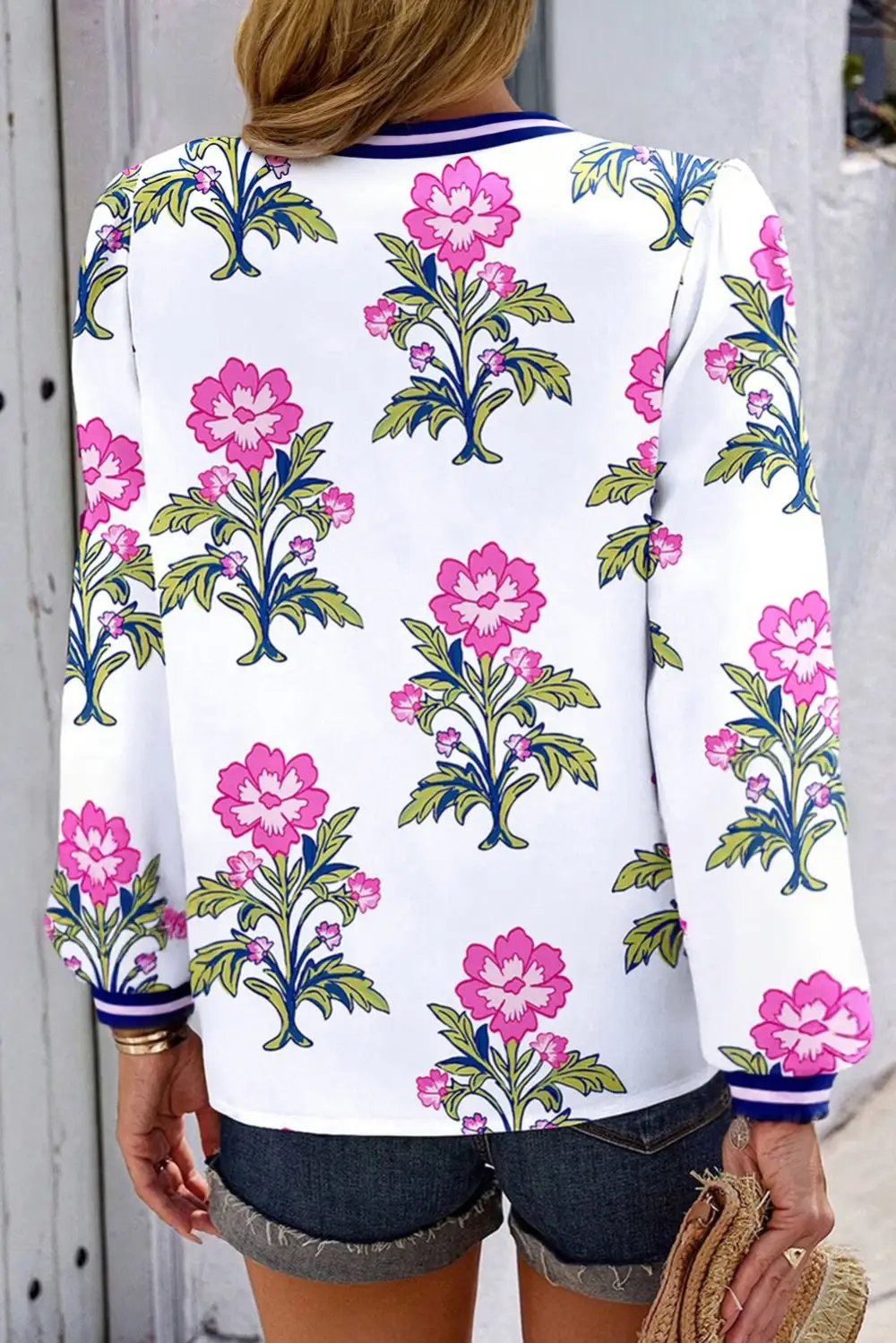 Women's Floral Print V Neck Striped Top