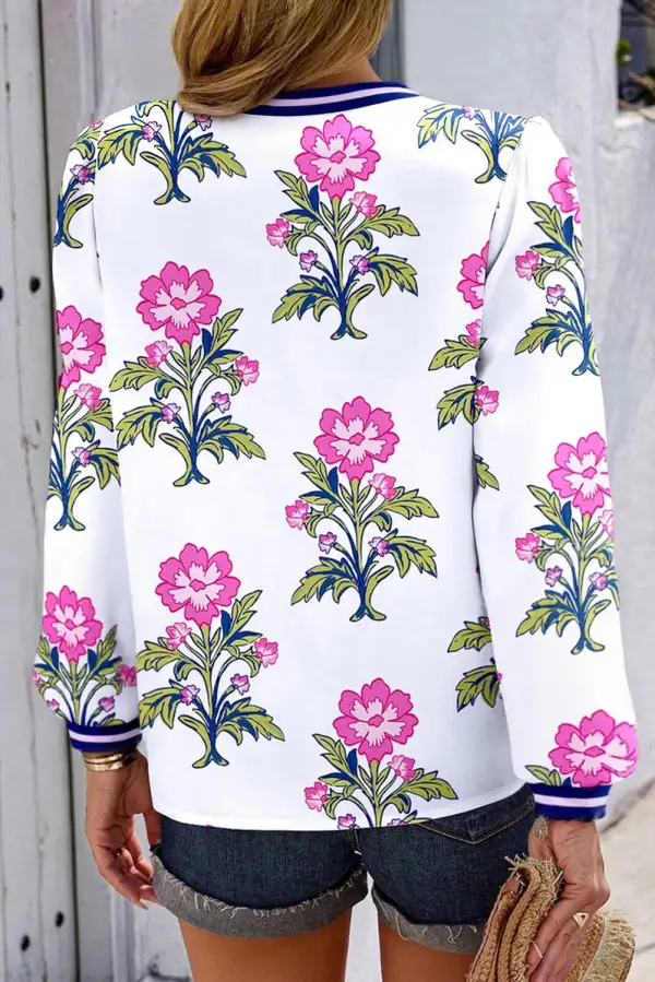Women's Floral Print V Neck Striped Top