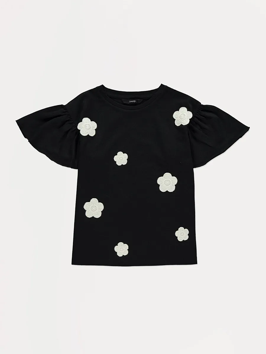 Black Crochet Flower T Shirt