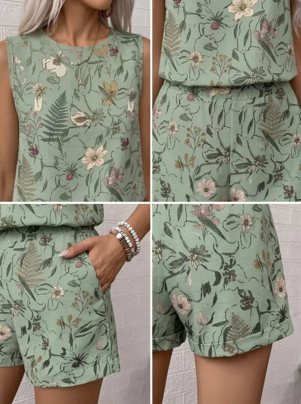 Women's Botanical Garden Floral Printed Sleeveless Shorts Set