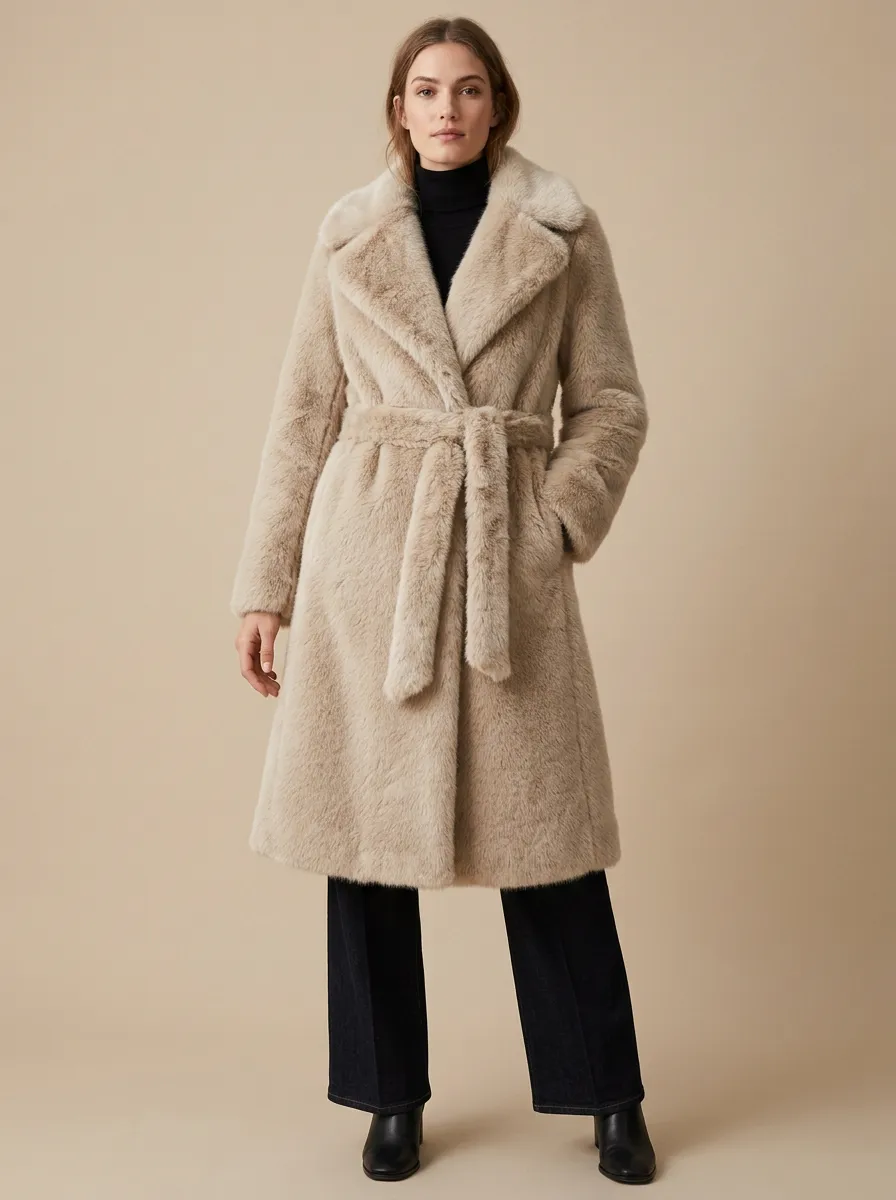 Notched Lapel Belted Faux Fur Coat