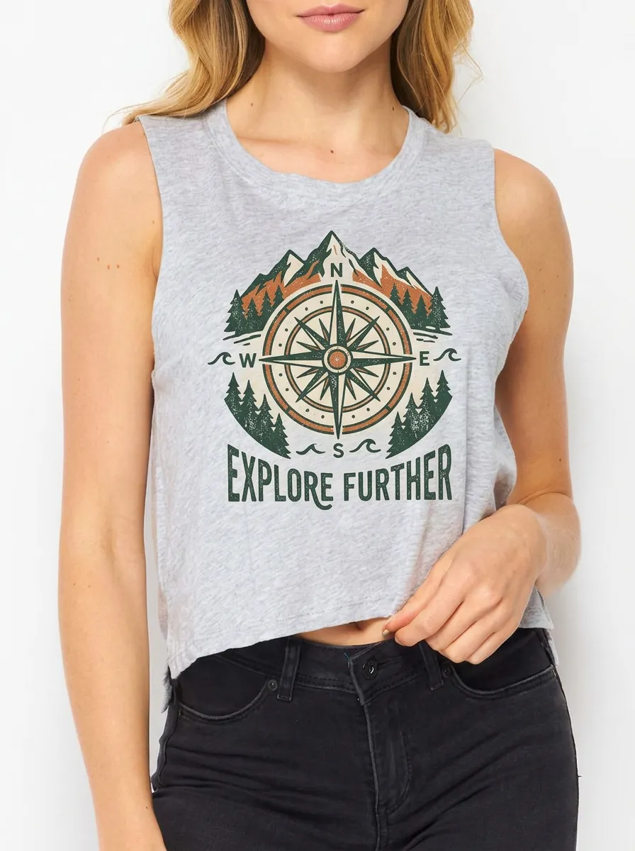 Women's Adventure Hiking Explore Further Compass Mountain Printed Tank Top