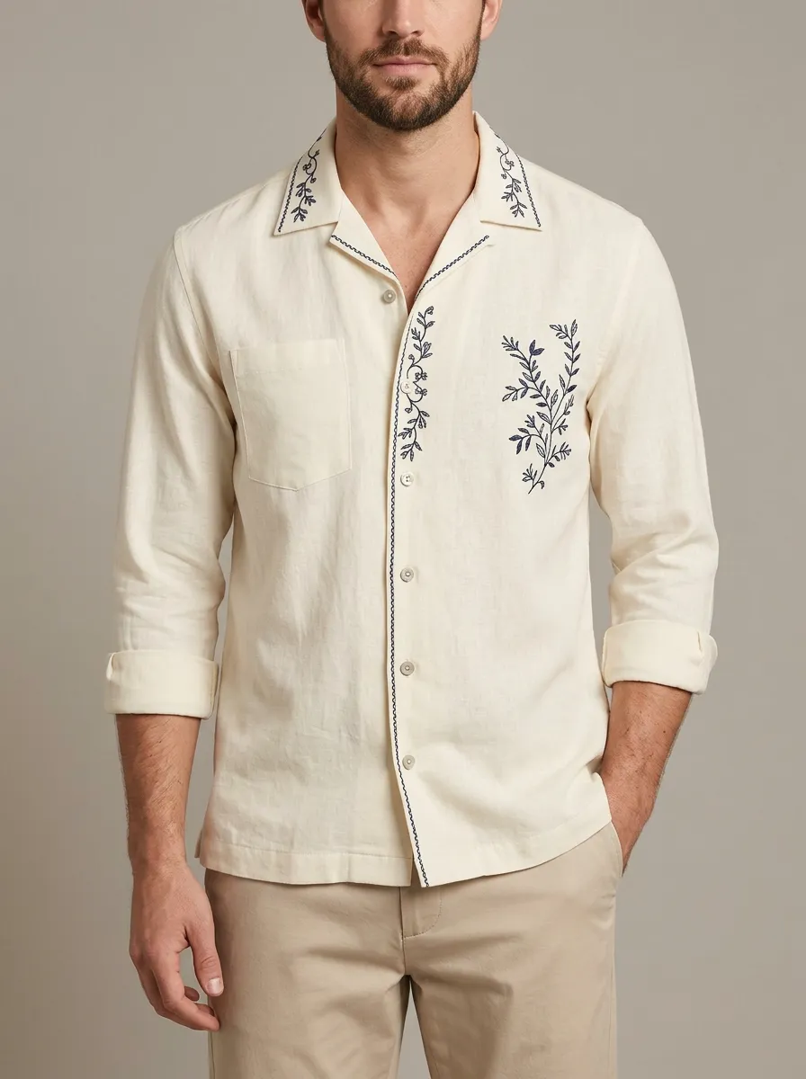 Men's Contemporary Botanical Nature Embroidered Shirt