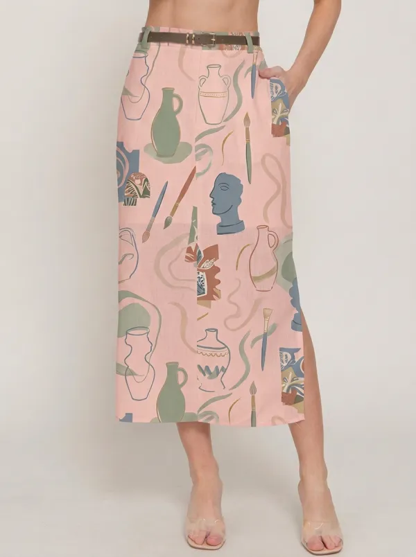 Women's Art Lover Pottery Vase Statue Printed Midi Skirt