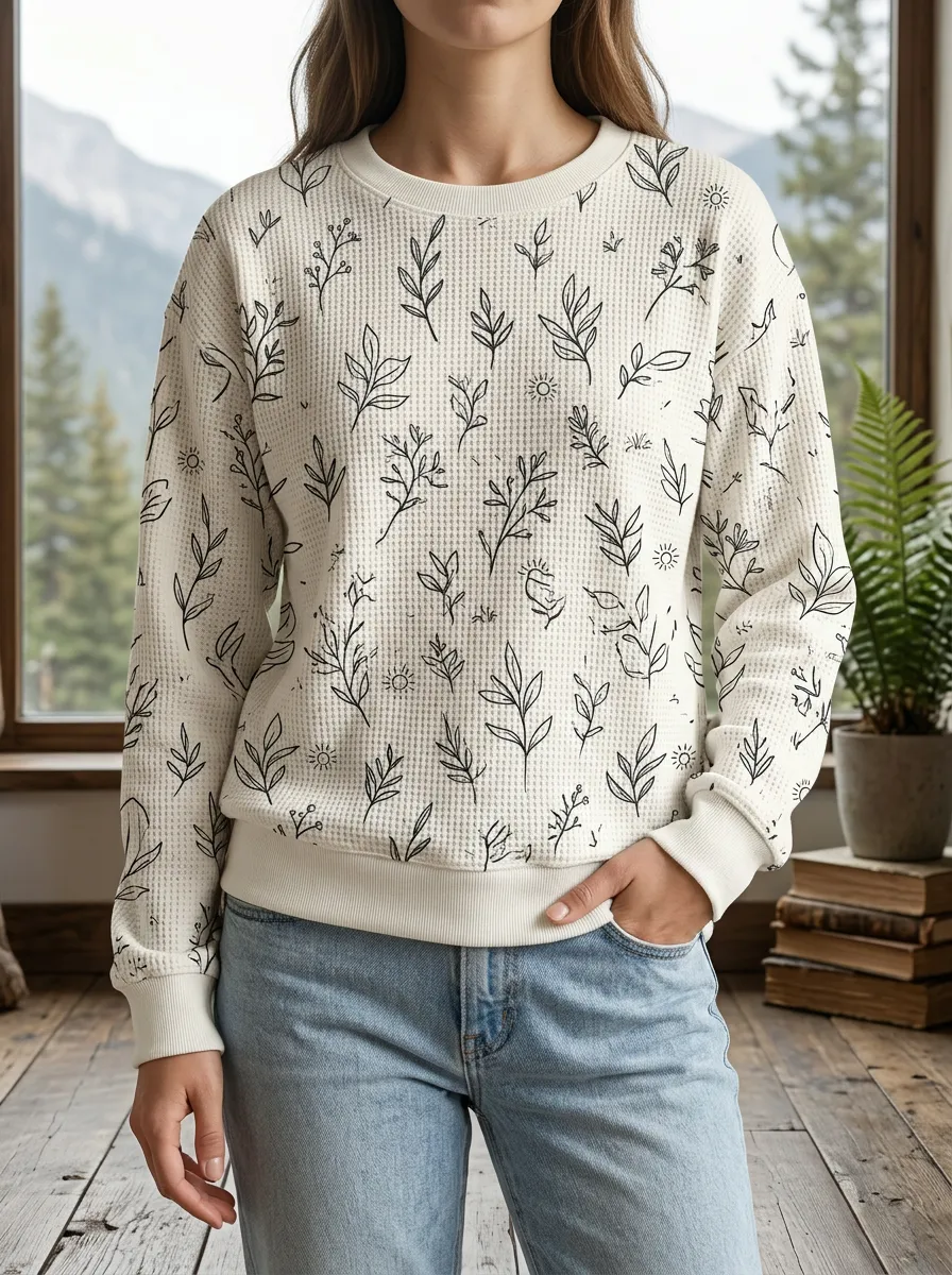 Women's Botanical Sun Line Art Patterned Waffle Knit Crewneck Sweatshirt