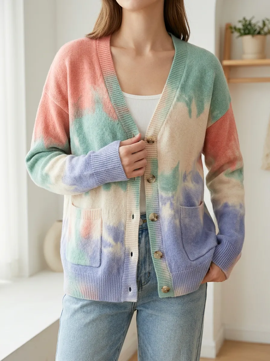 Women's Pastel Tie-Dye Pattern Printed Ribbed Trim Seasonal Layering Cardigan