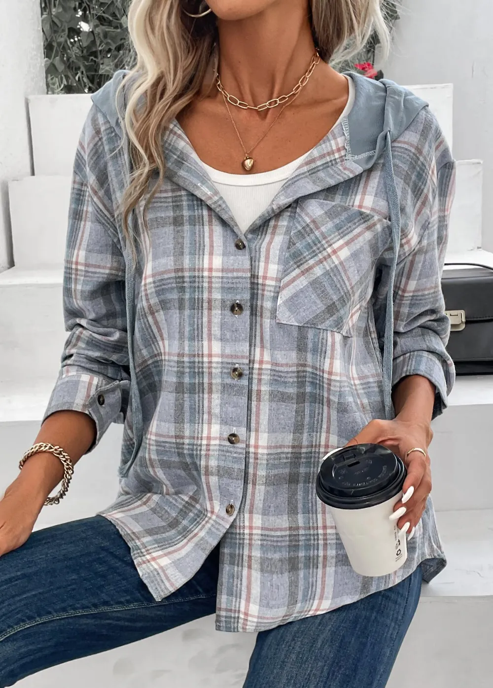 Dusty Blue Pocket Plaid Long Sleeve Hooded Coat