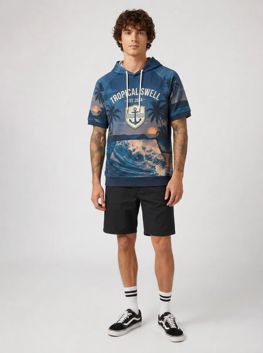 Men's Tropical Beach Ocean Anchor Printed Short Sleeve Hoodie