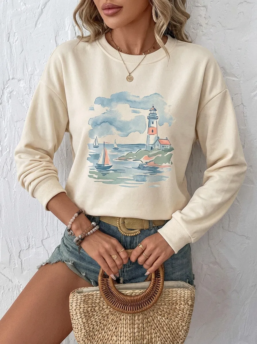 Women's Nautical Ocean Lover Lighthouse Sailboat Graphic Sweatshirt