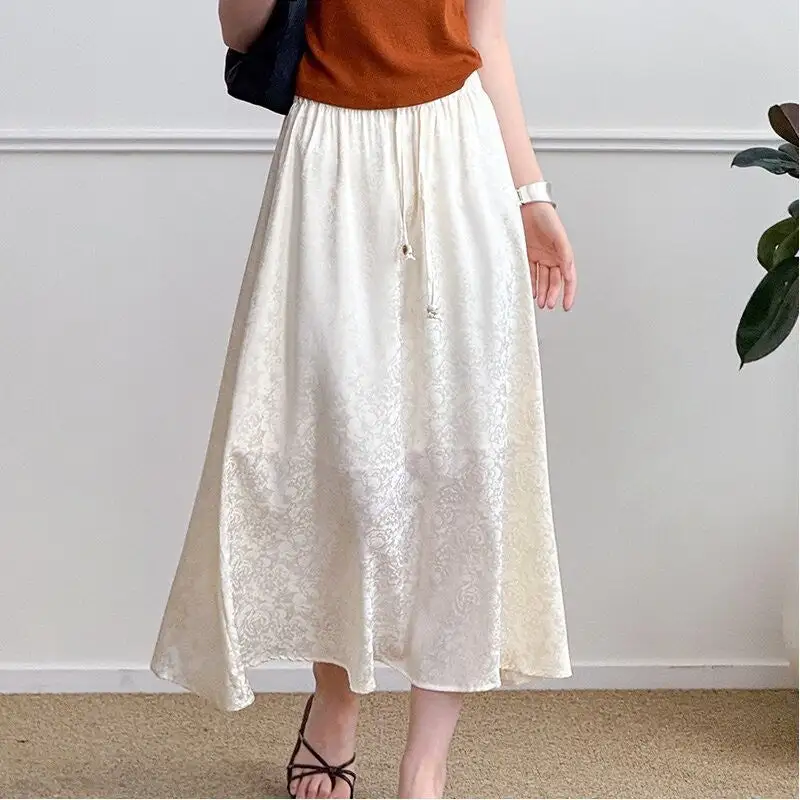 Streamlined Elastic Waist A-Line Jacquard Midi Skirt