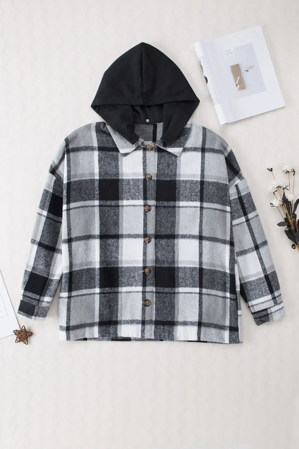 Hooded Plaid Button Front Shirt Jacket