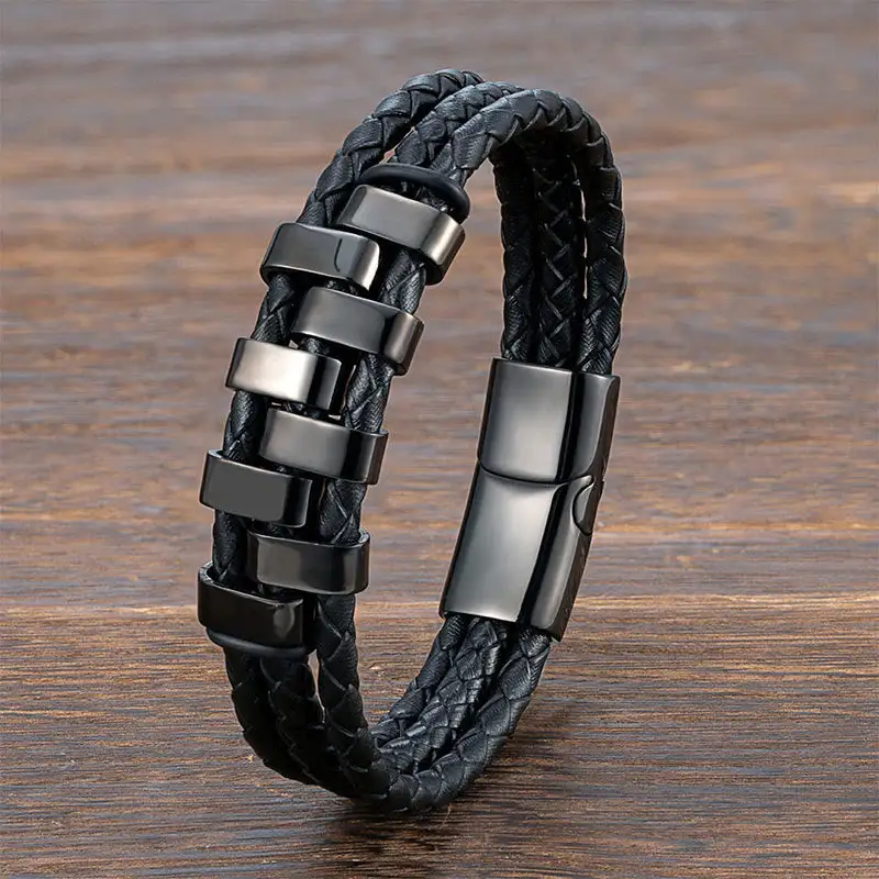 Geometric Design Titanium Steel Leather Bracelet