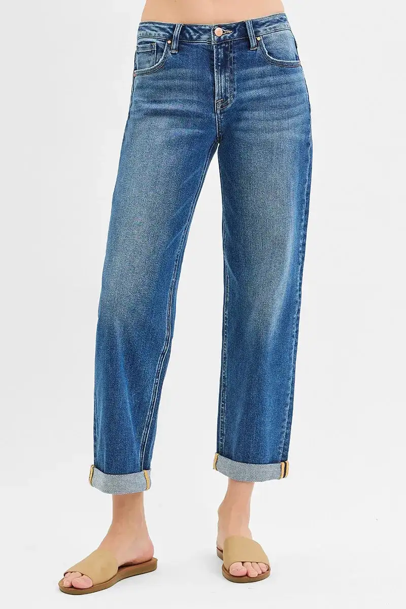 Mid Rise Cuffed Hem Straight Leg Jeans