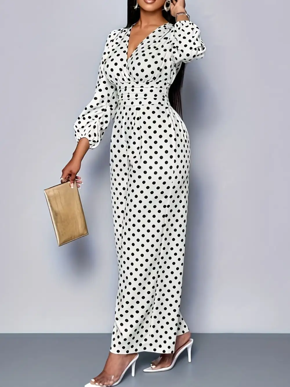 Polka Dot Long Sleeve Wide Leg Jumpsuit