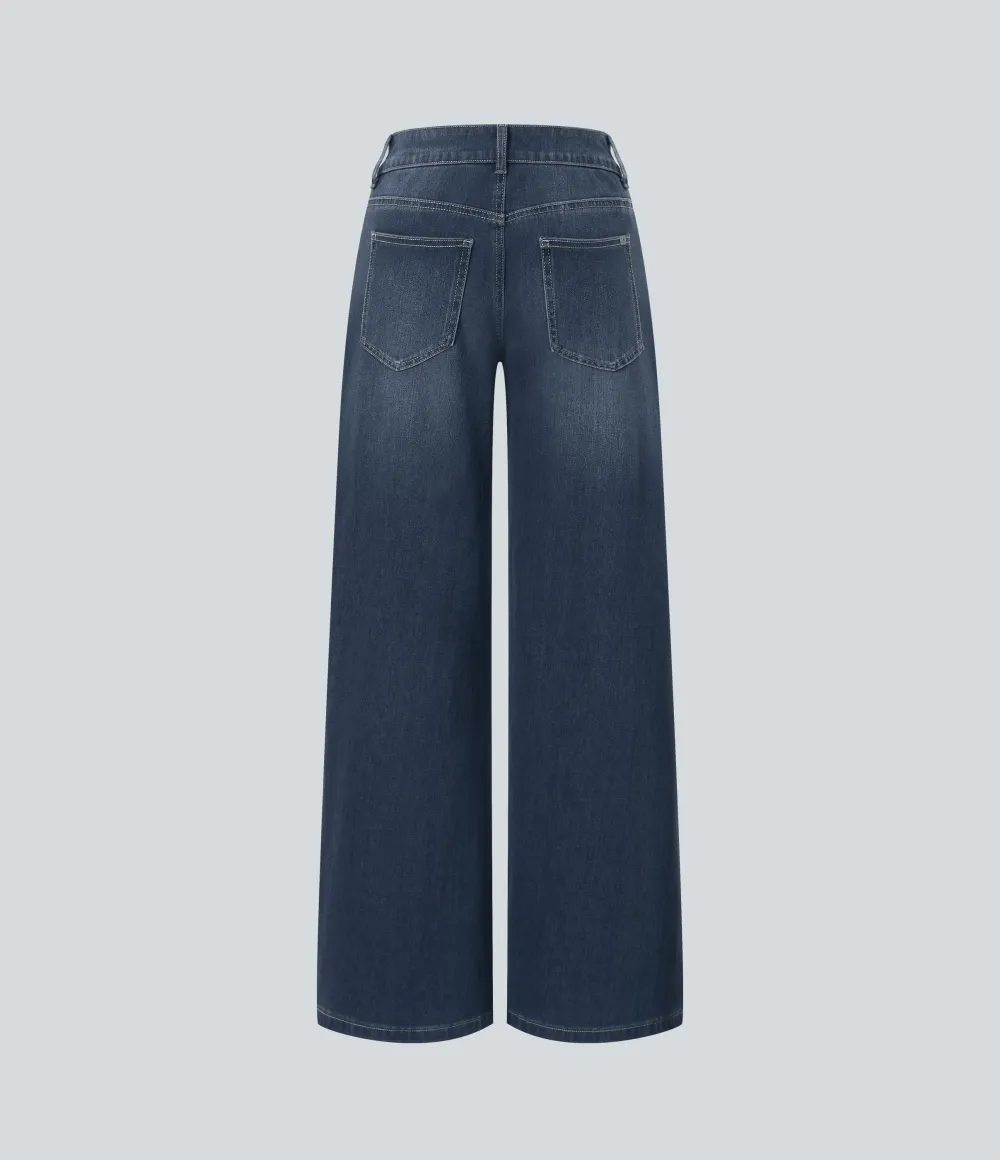 Asymmetric Low Rise Zipper Pockets Baggy Wide Leg Washed Casual Jeans